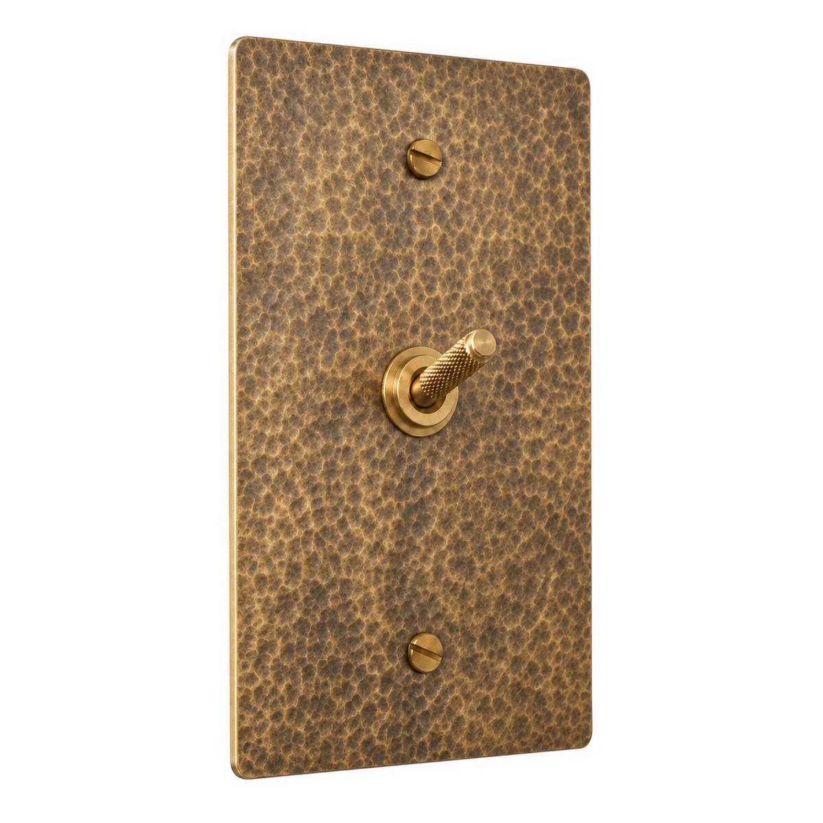 1-Gang Solid Brass Knurled Toggle Light Switch in Hammered Antique Brass; 1 toggle on a white background