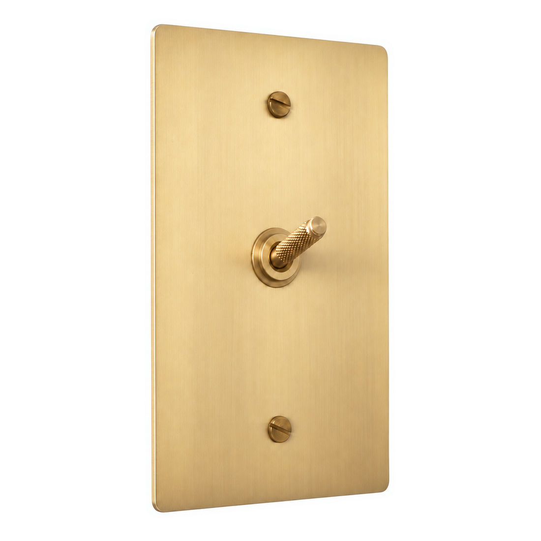 1-Gang Solid Brass Knurled Toggle Light Switch in Satin Brass; 1 toggle on a white background