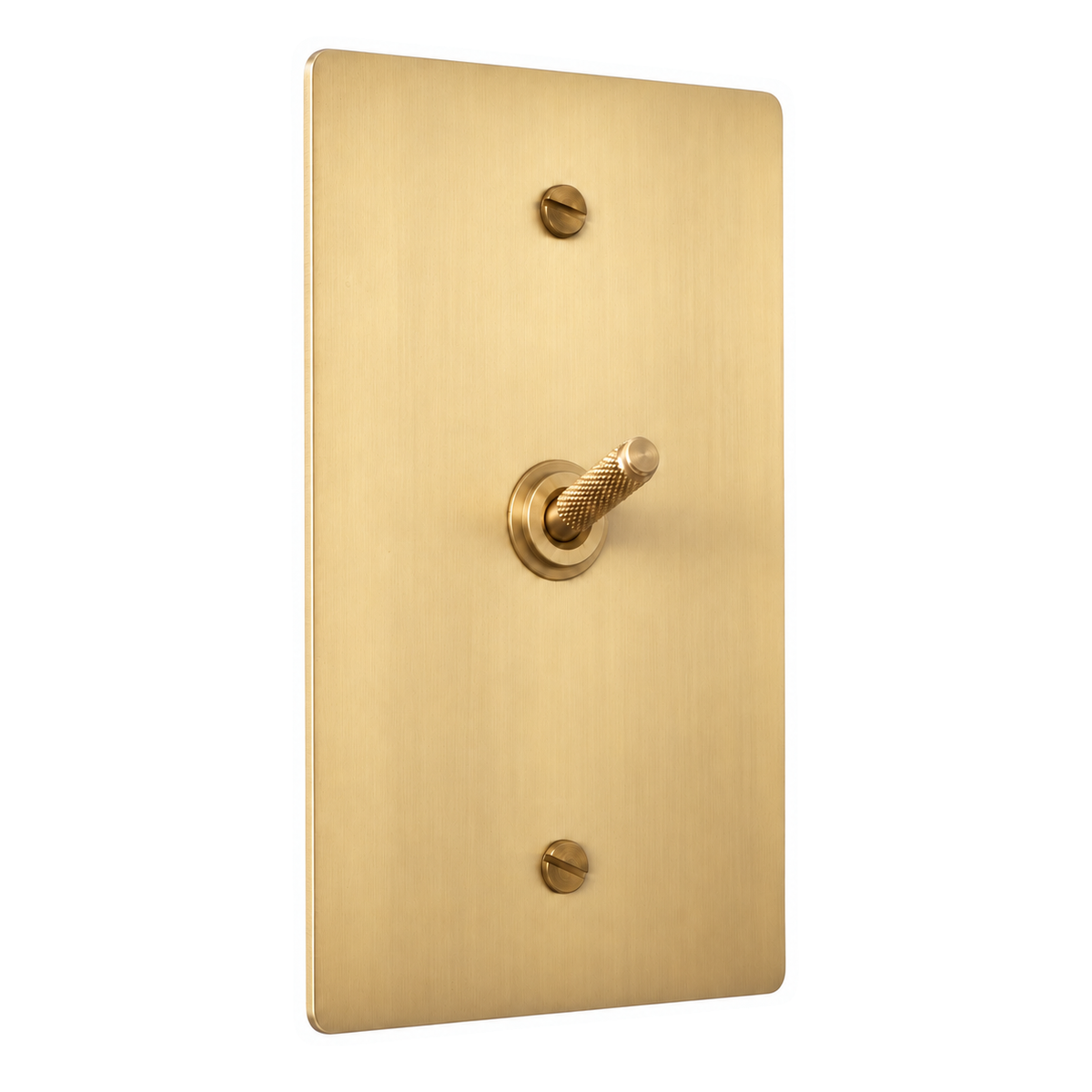 1-Gang Solid Brass Knurled Toggle Light Switch in Satin Brass; 1 toggle on a white background