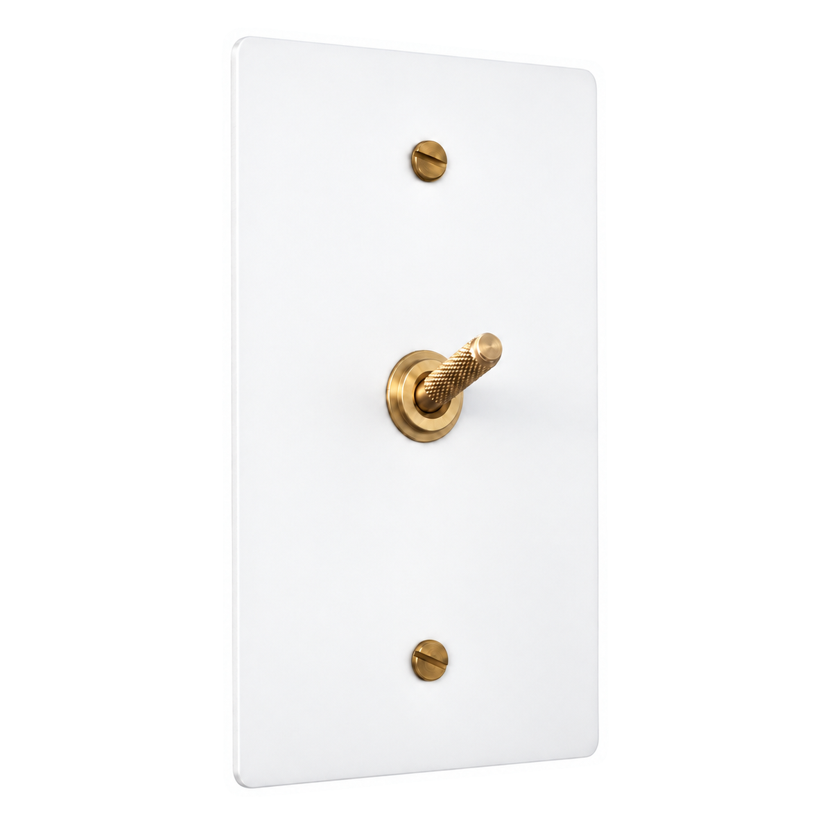 1-Gang Solid Brass Knurled Toggle Light Switch in White with Brass Accents; 1 toggle on a white background