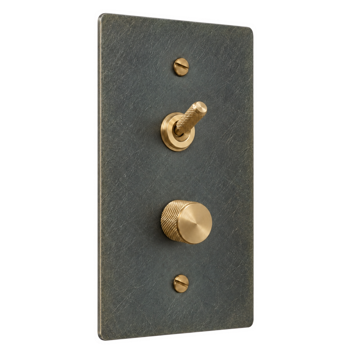 1-Gang Solid Brass Knurled Toggle Light Switch & Dimmer — Stacked in Aged Bronze (Hand-Brushed); stacked toggle above dimmer on a white background