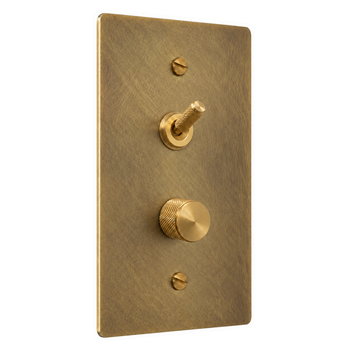 1-Gang Solid Brass Knurled Toggle Light Switch & Dimmer — Stacked in Antique Brass (Hand-Brushed); stacked toggle above dimmer on a white background