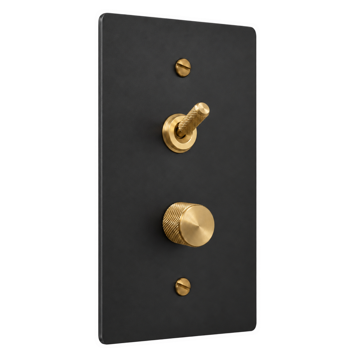 1-Gang Solid Brass Knurled Toggle Light Switch & Dimmer — Stacked in Black with Brass Accents; stacked toggle above dimmer on a white background