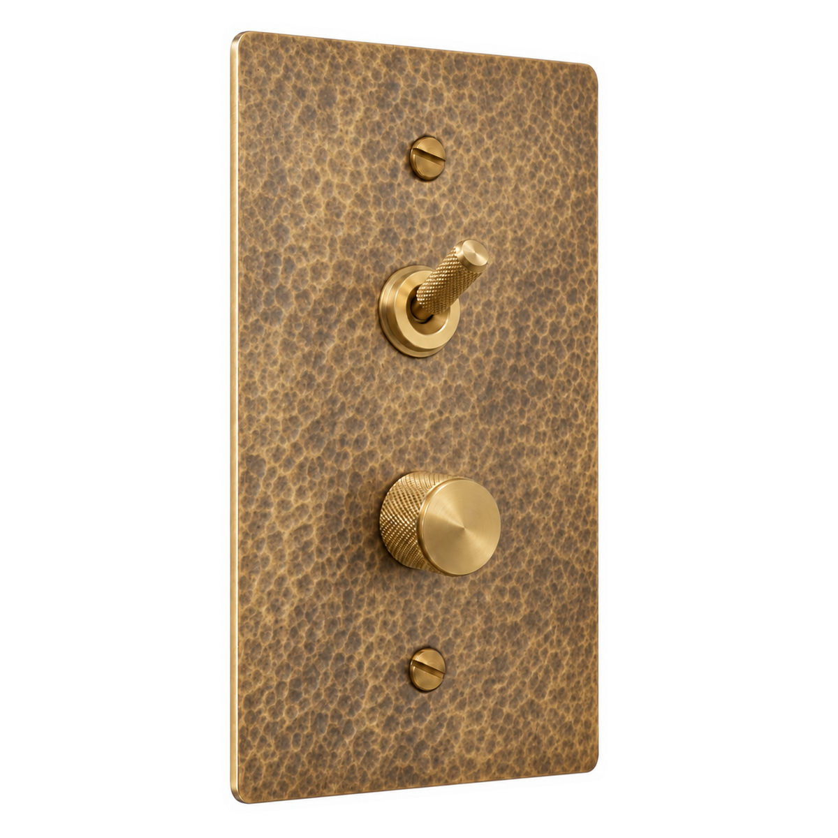 1-Gang Solid Brass Knurled Toggle Light Switch & Dimmer — Stacked in Hammered Antique Brass; stacked toggle above dimmer on a white background