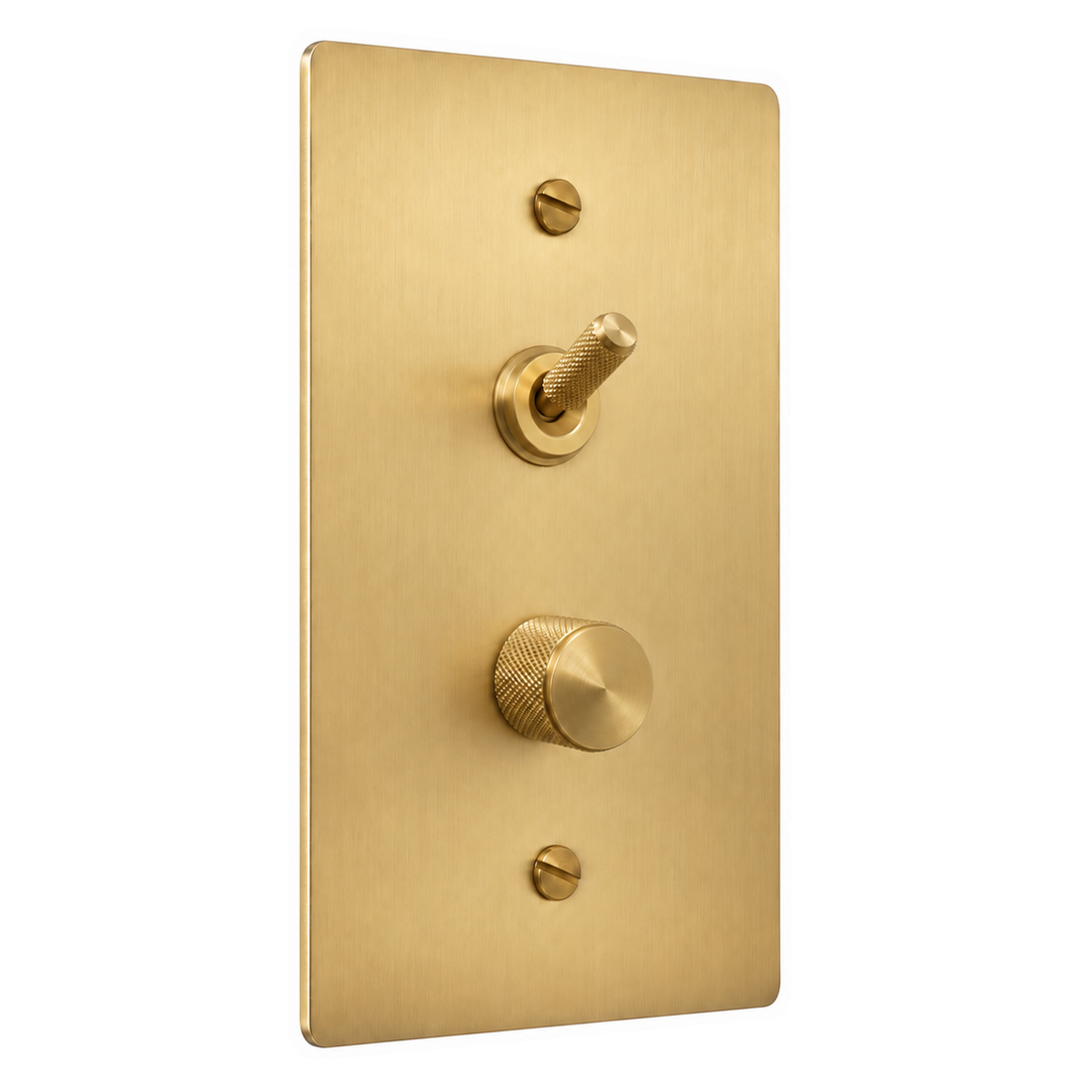 1-Gang Solid Brass Knurled Toggle Light Switch & Dimmer — Stacked in Satin Brass; stacked toggle above dimmer on a white background