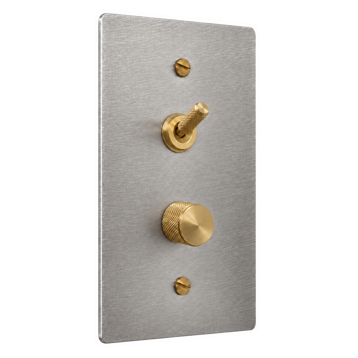 1-Gang Solid Brass Knurled Toggle Light Switch & Dimmer — Stacked in Stainless Steel; stacked toggle above dimmer on a white background