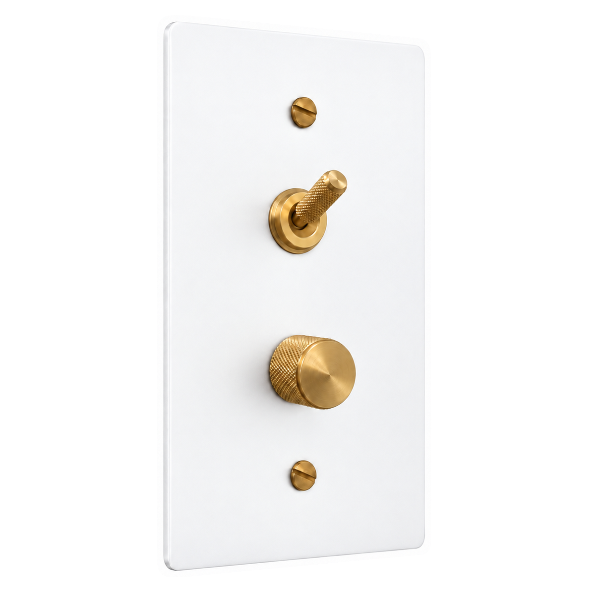 1-Gang Solid Brass Knurled Toggle Light Switch & Dimmer — Stacked in White with Brass Accents; stacked toggle above dimmer on a white background