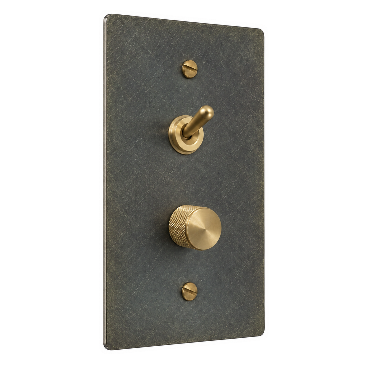 1-Gang Solid Brass Toggle Light Switch & Dimmer — Stacked in Aged Bronze (Hand-Brushed); stacked toggle above dimmer on a white background