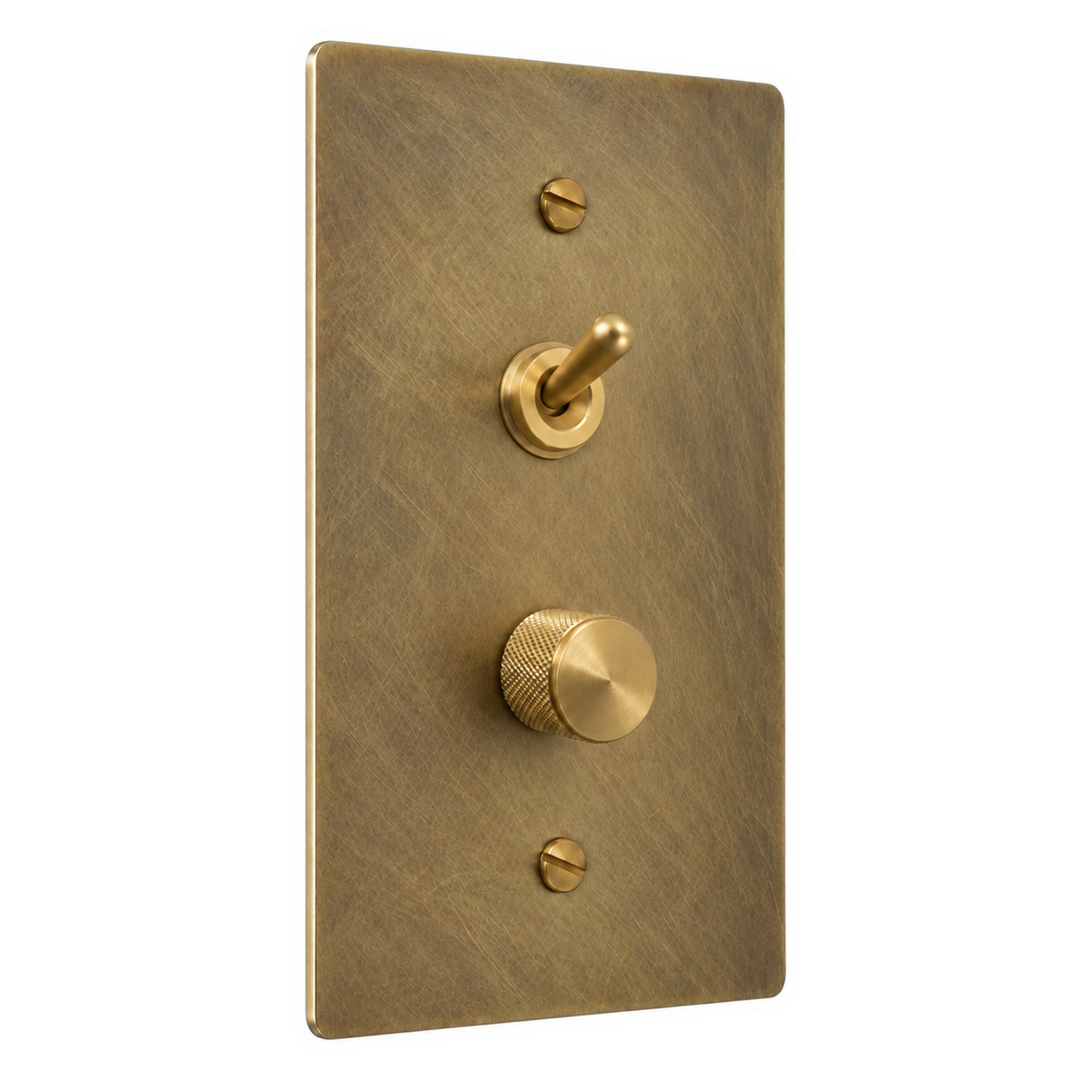 1-Gang Solid Brass Toggle Light Switch & Dimmer — Stacked in Antique Brass (Hand-Brushed); stacked toggle above dimmer on a white background