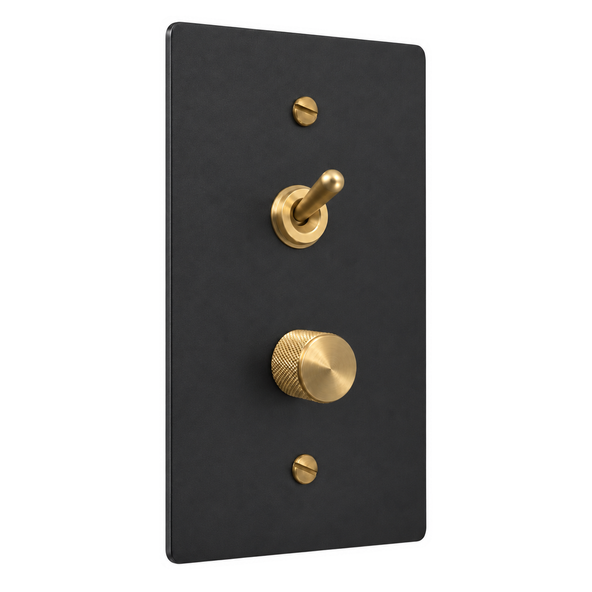 1-Gang Solid Brass Toggle Light Switch & Dimmer — Stacked in Black with Brass Accents; stacked toggle above dimmer on a white background