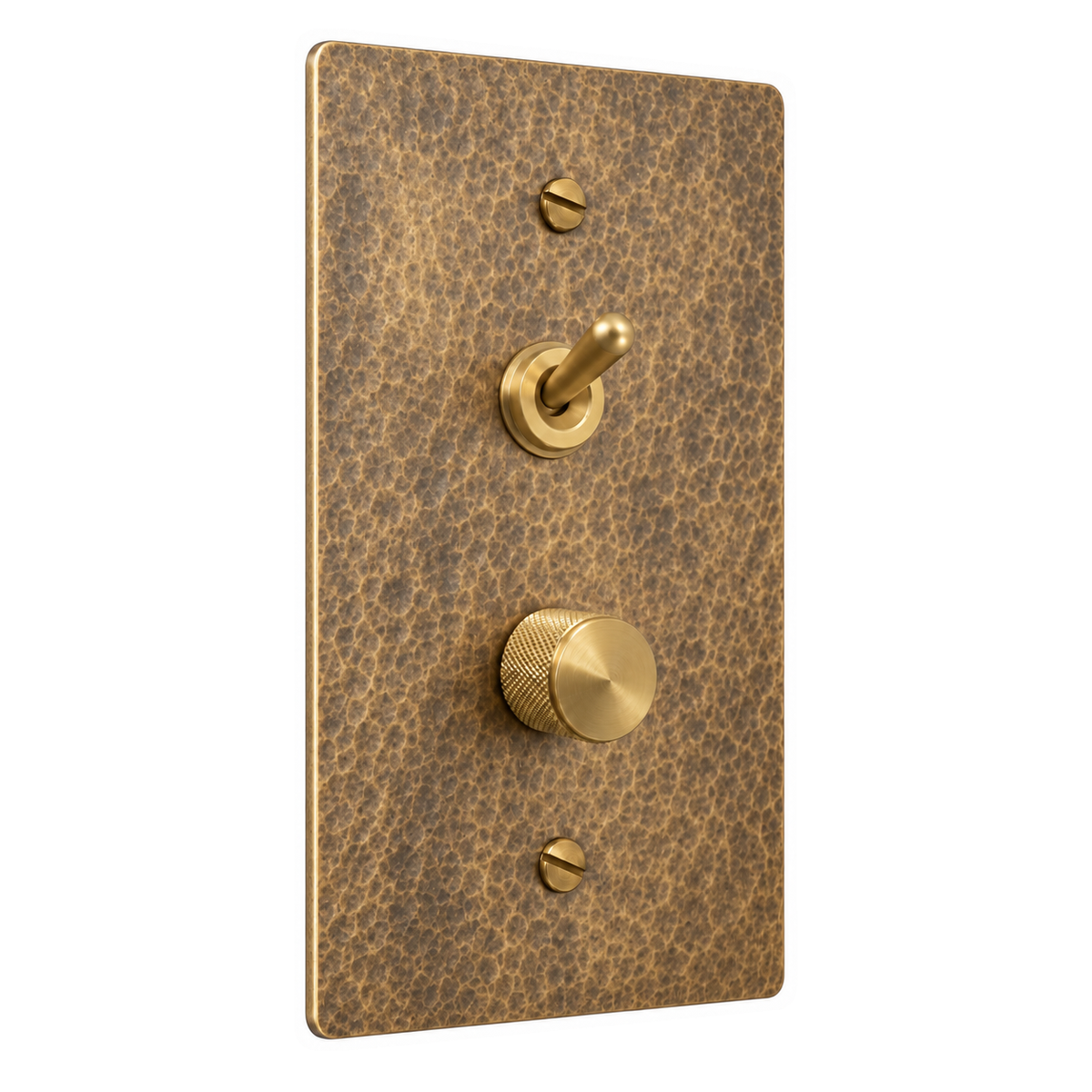 1-Gang Solid Brass Toggle Light Switch & Dimmer — Stacked in Hammered Antique Brass; stacked toggle above dimmer on a white background
