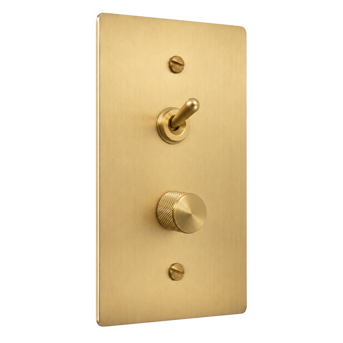 1-Gang Solid Brass Toggle Light Switch & Dimmer — Stacked in Satin Brass; stacked toggle above dimmer on a white background