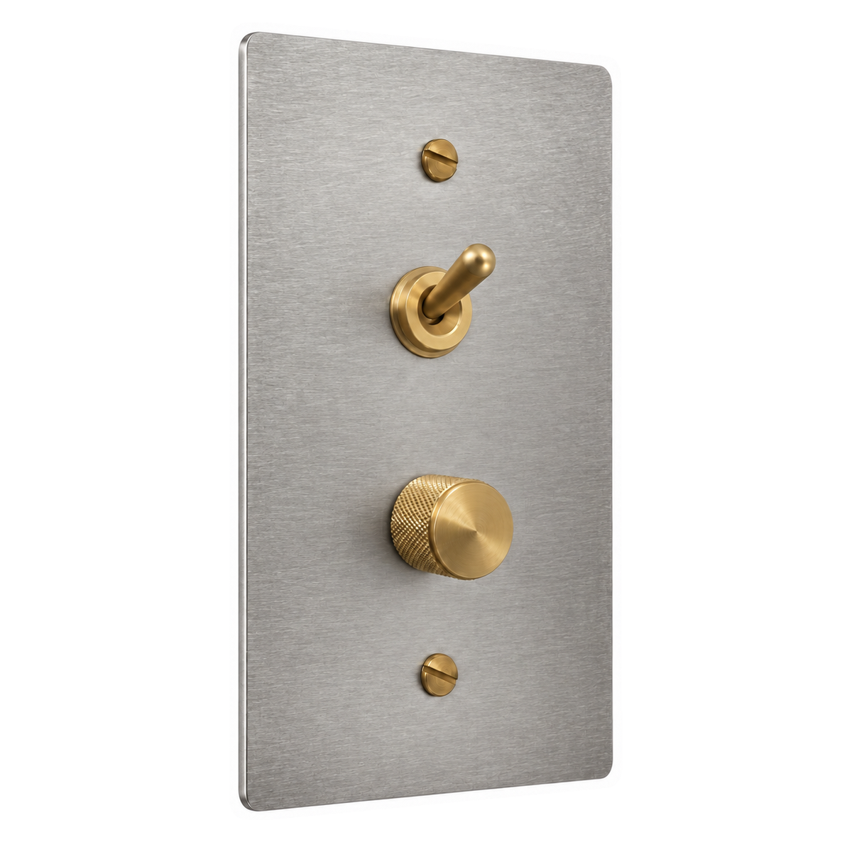 1-Gang Solid Brass Toggle Light Switch & Dimmer — Stacked in Stainless Steel; stacked toggle above dimmer on a white background