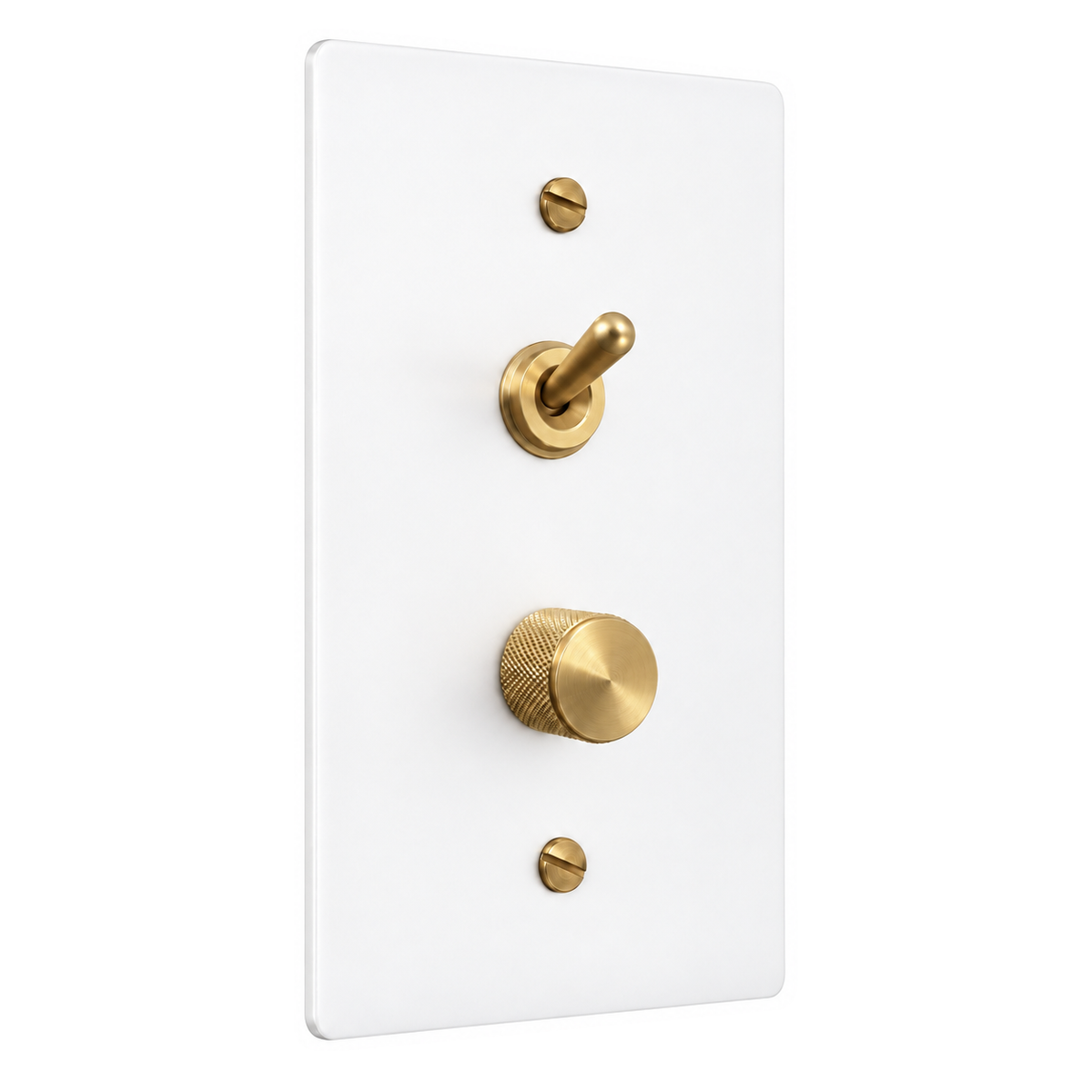 1-Gang Solid Brass Toggle Light Switch & Dimmer — Stacked in White with Brass Accents; stacked toggle above dimmer on a white background