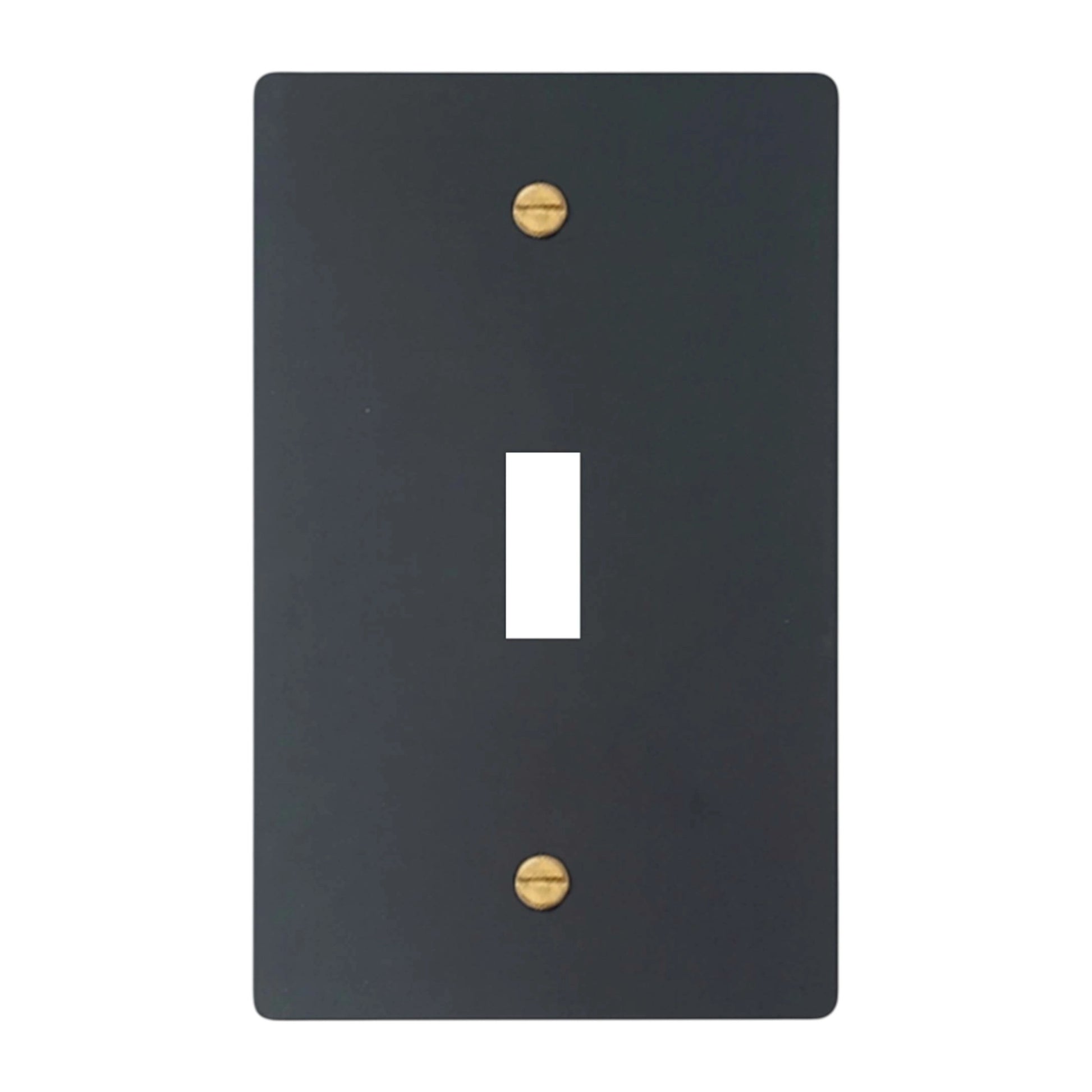 1-gang solid brass wall plate in matte black finish, toggle opening with brass screws