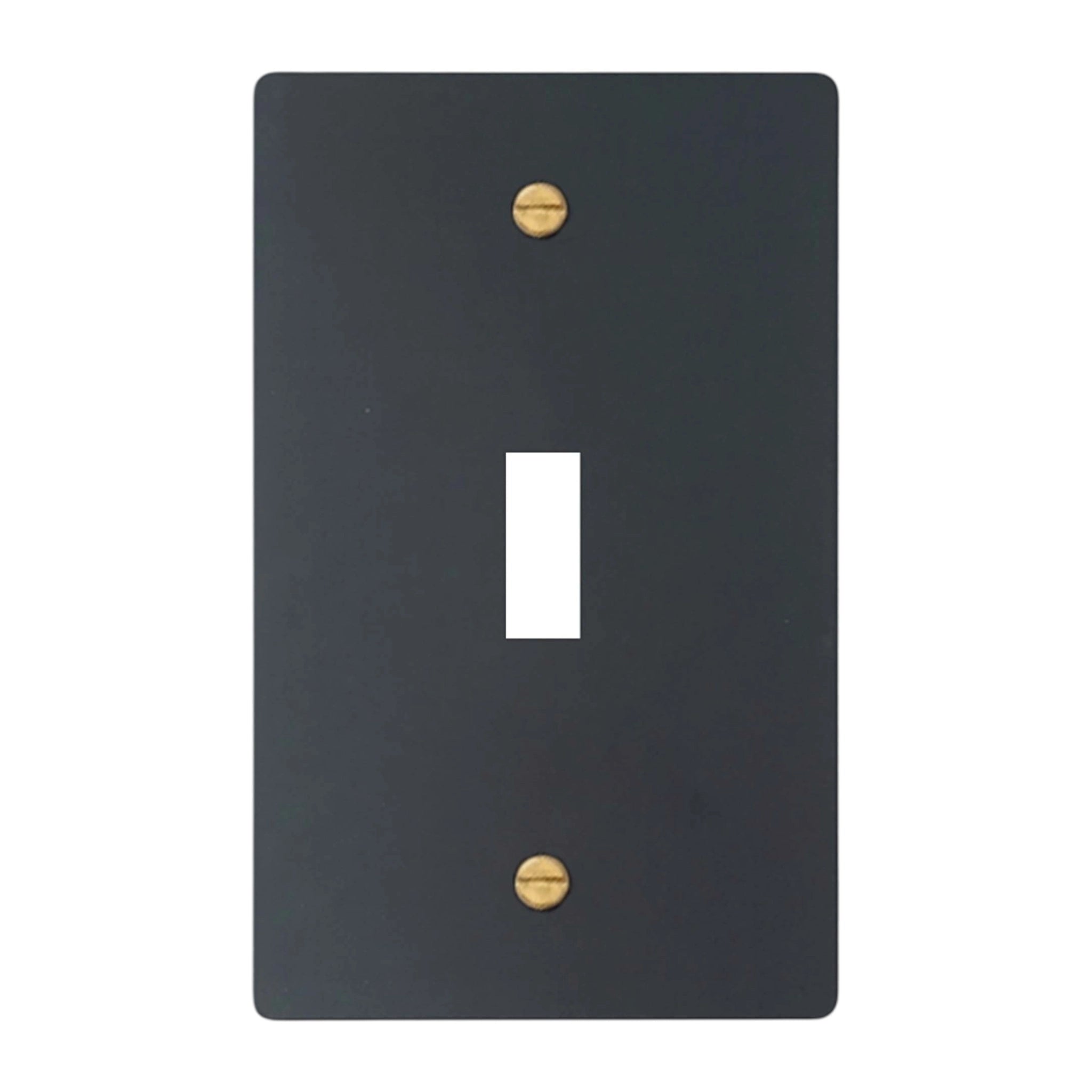 1-gang solid brass wall plate in matte black finish, toggle opening with brass screws