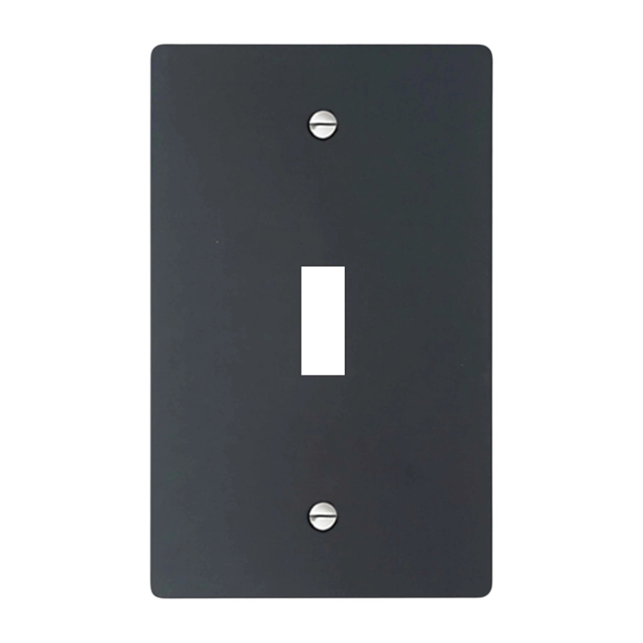 1-gang solid brass wall plate in matte black finish, toggle opening with silver screws
