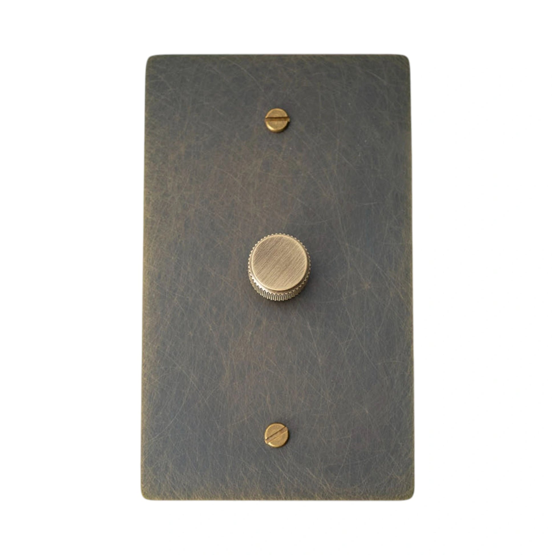 Bronze brass dimmer switch plate with antique knob on a white background