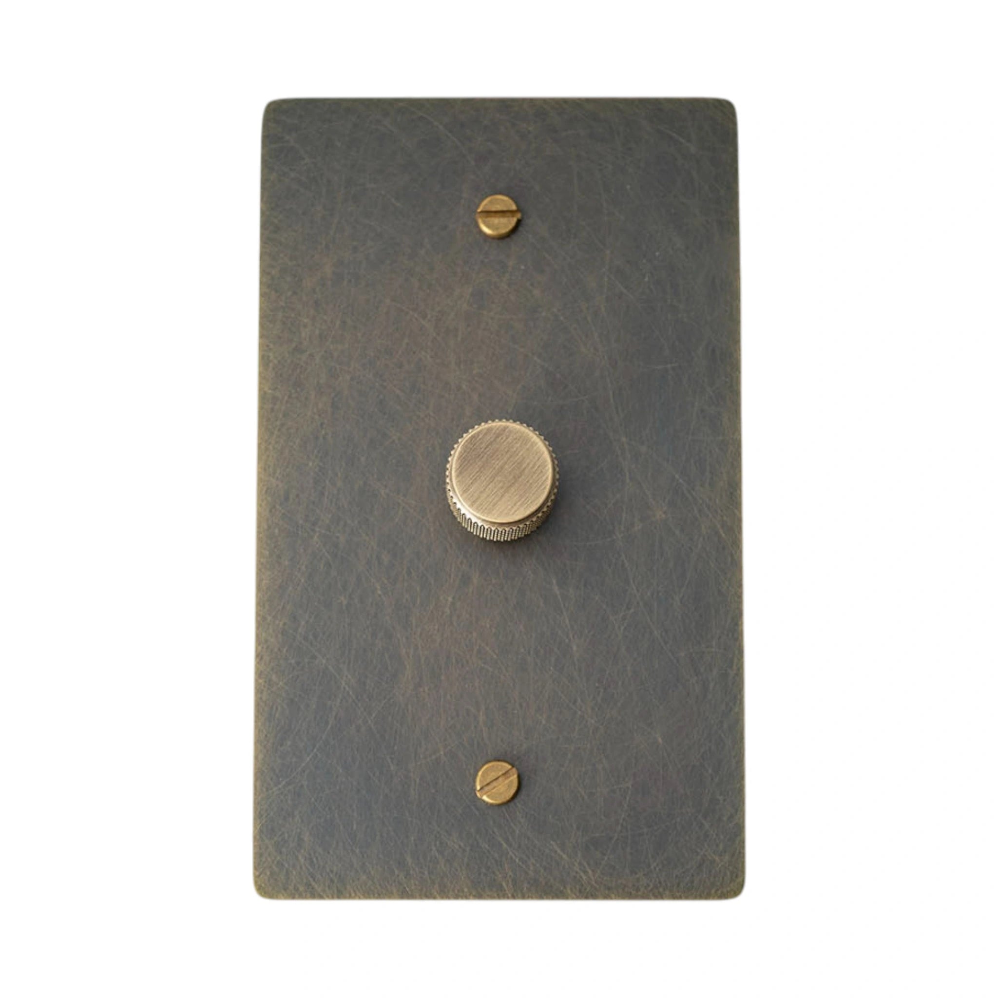 Bronze brass dimmer switch plate with antique knob on a white background