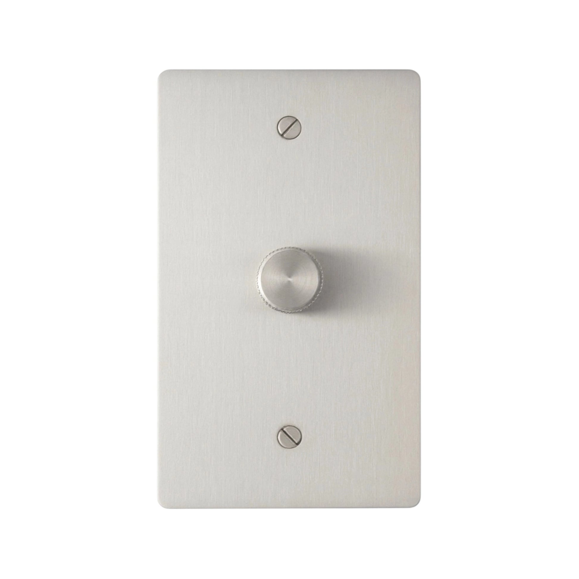 Single gang brushed nickel dimmer switch with smooth rotary knob and modern wall plate.