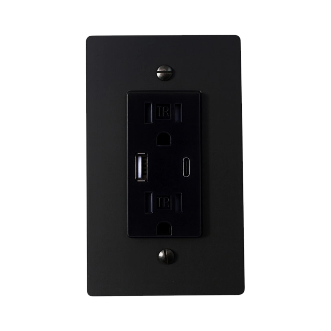 Black wall outlet with multiple ports on a white background