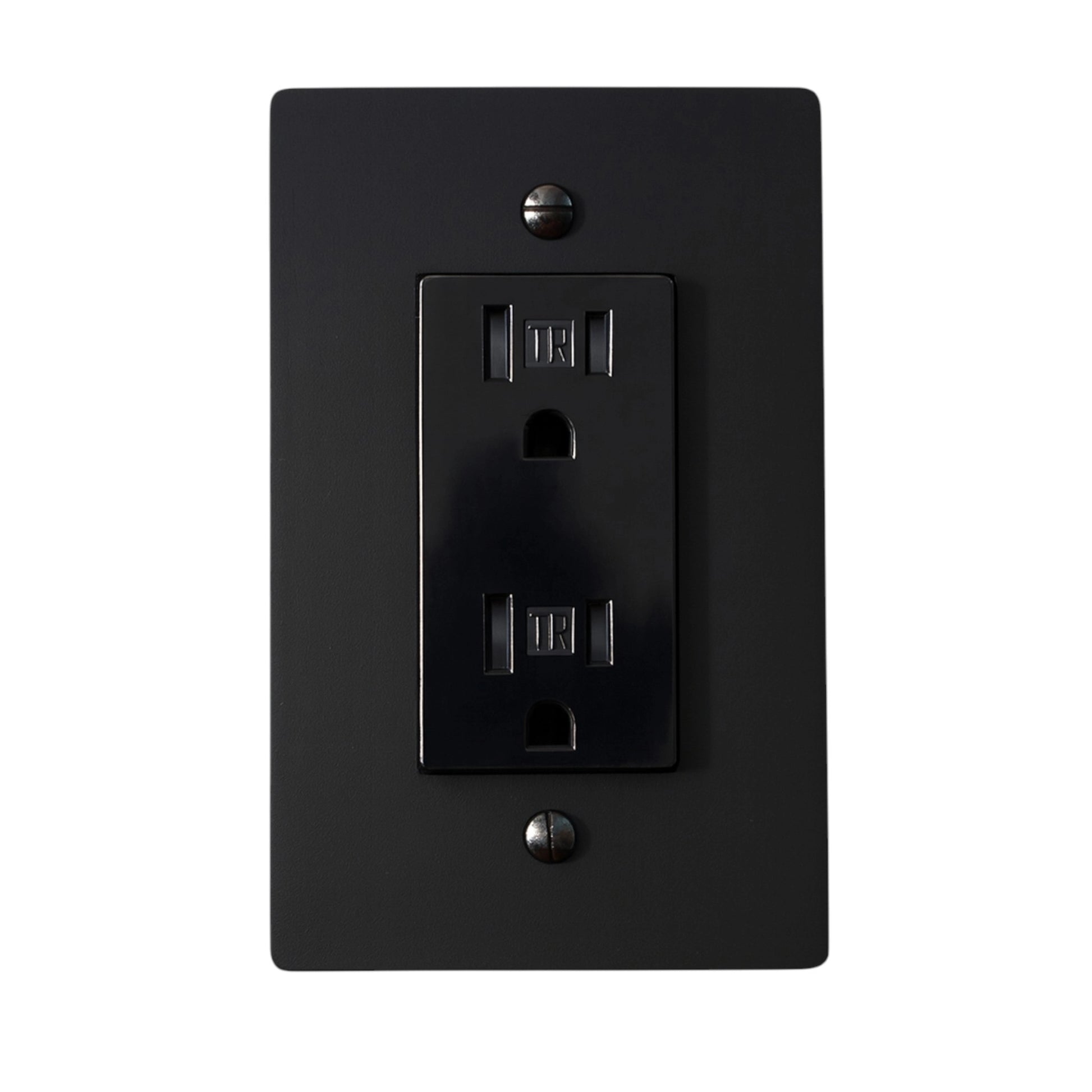 Black electrical outlet on a white background