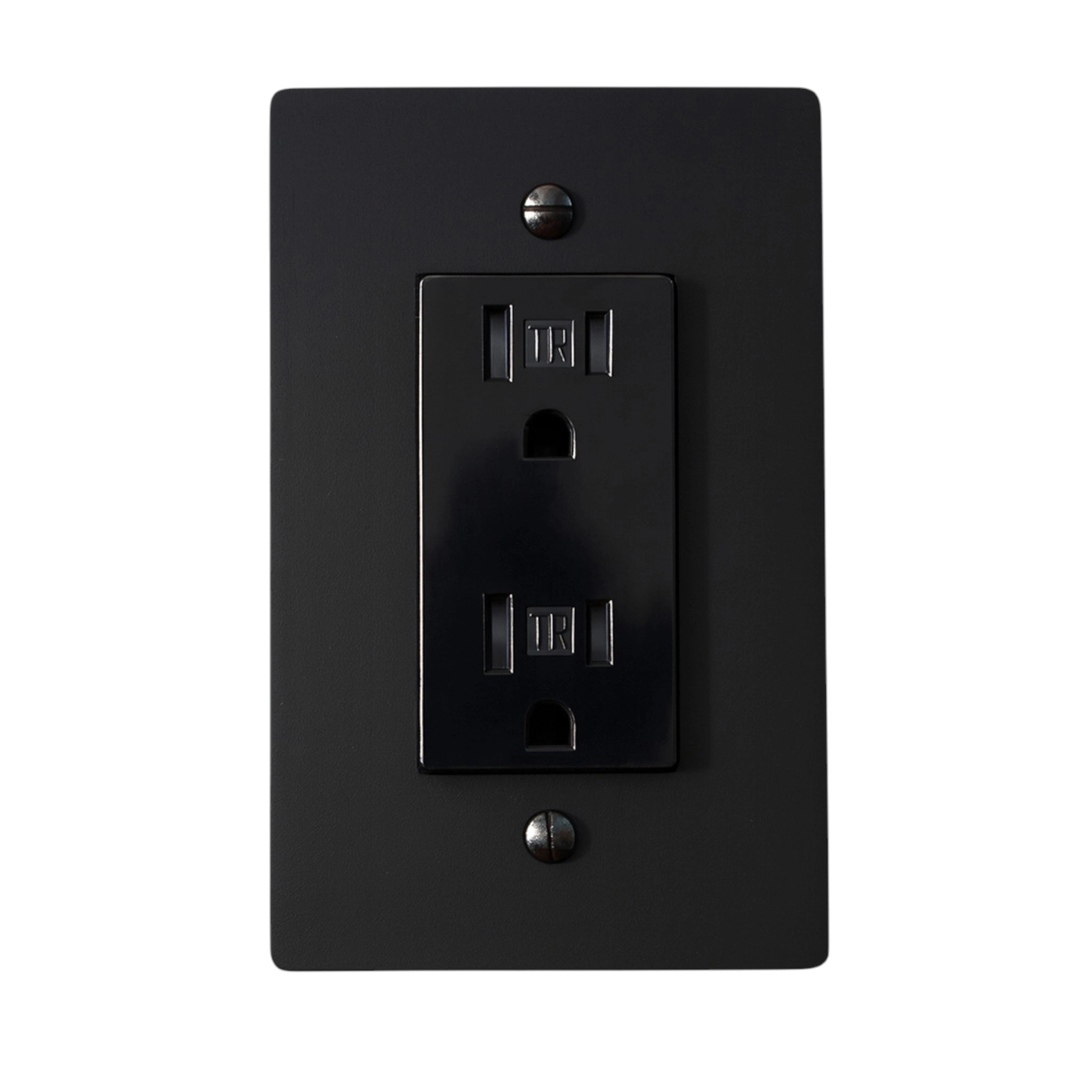 Black electrical outlet on a white background