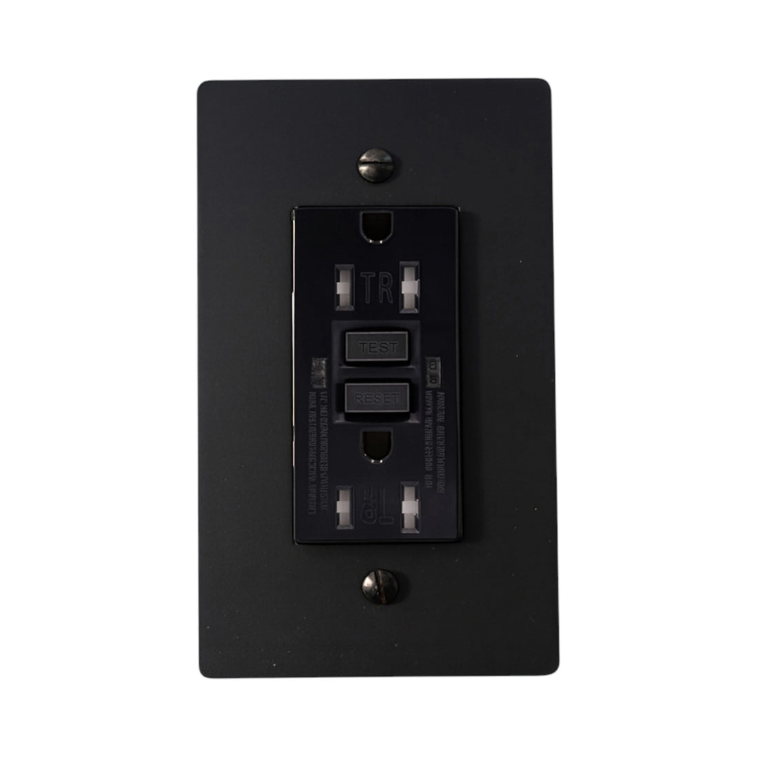 Black GFCI electrical outlet on a white background