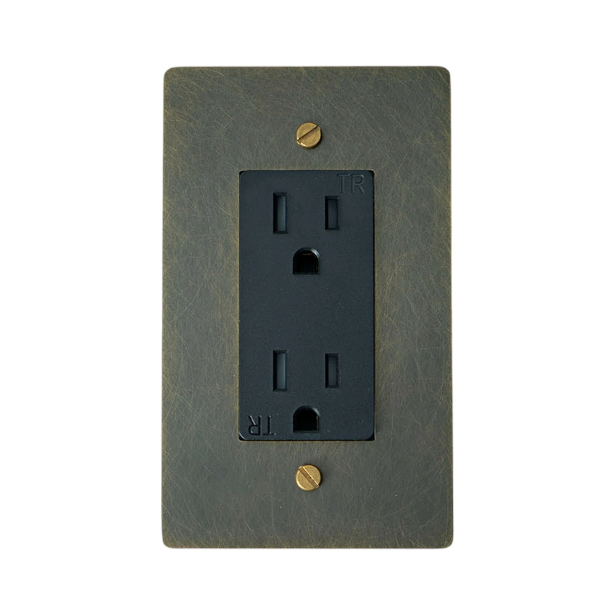 Decorative wall outlet cover with a rustic green frame and black outlet on a white background