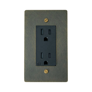 Decorative wall outlet cover with a rustic green frame and black outlet on a white background