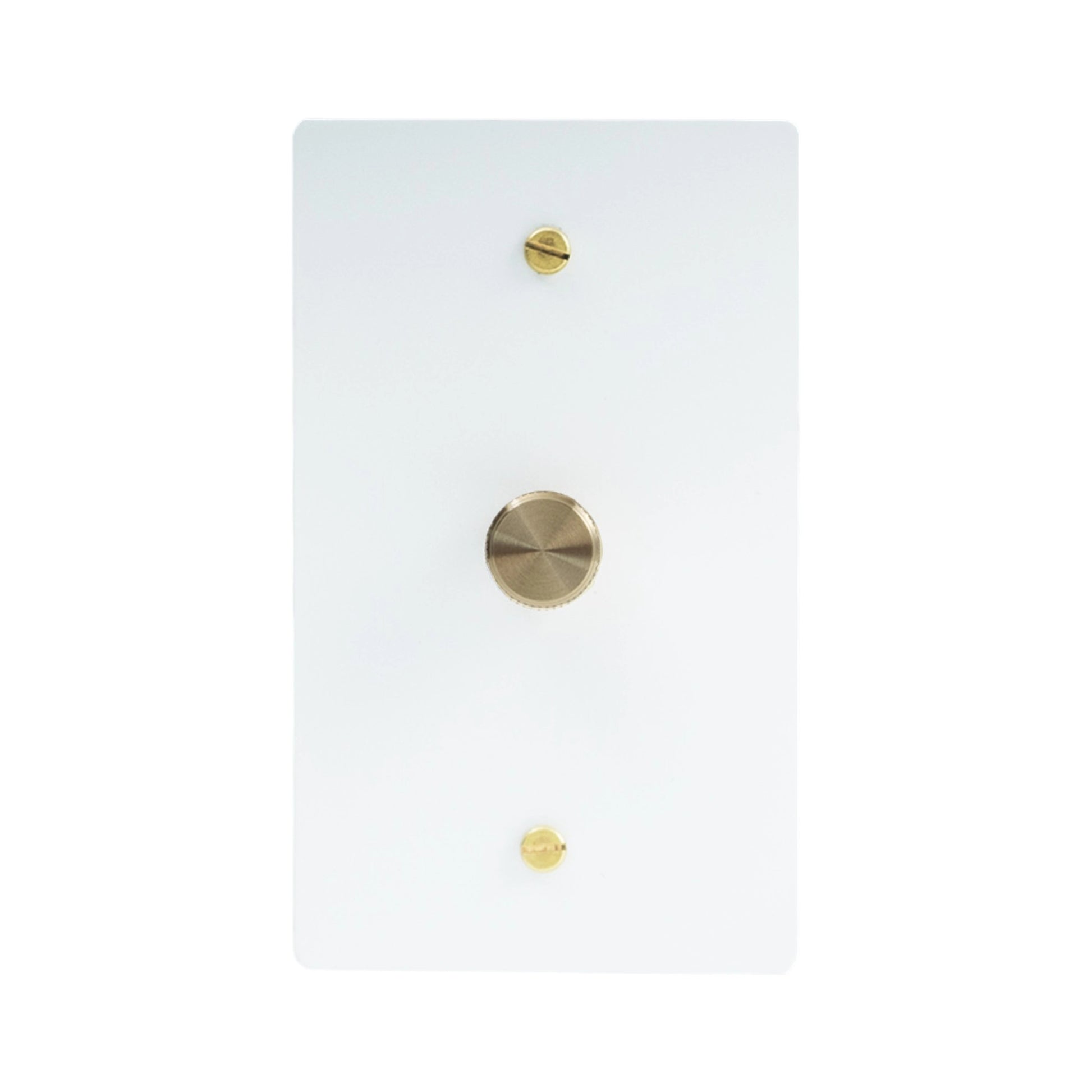 Single gang white dimmer switch with brushed brass rotary knob on glossy white wall plate.