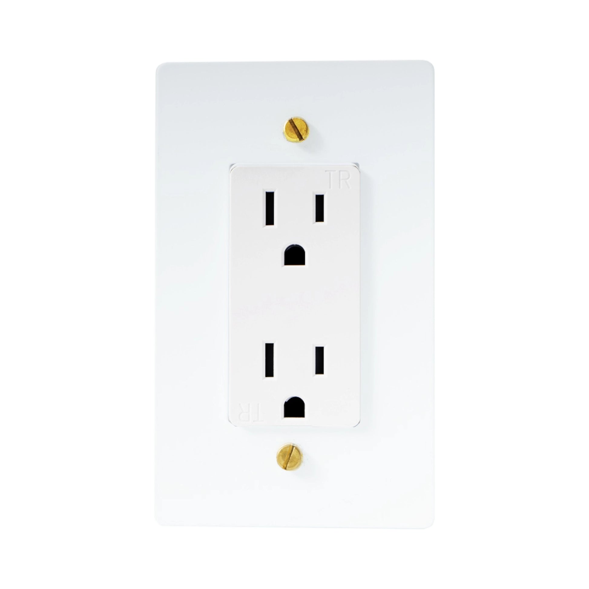 White electrical outlet with gold screws on a white background
