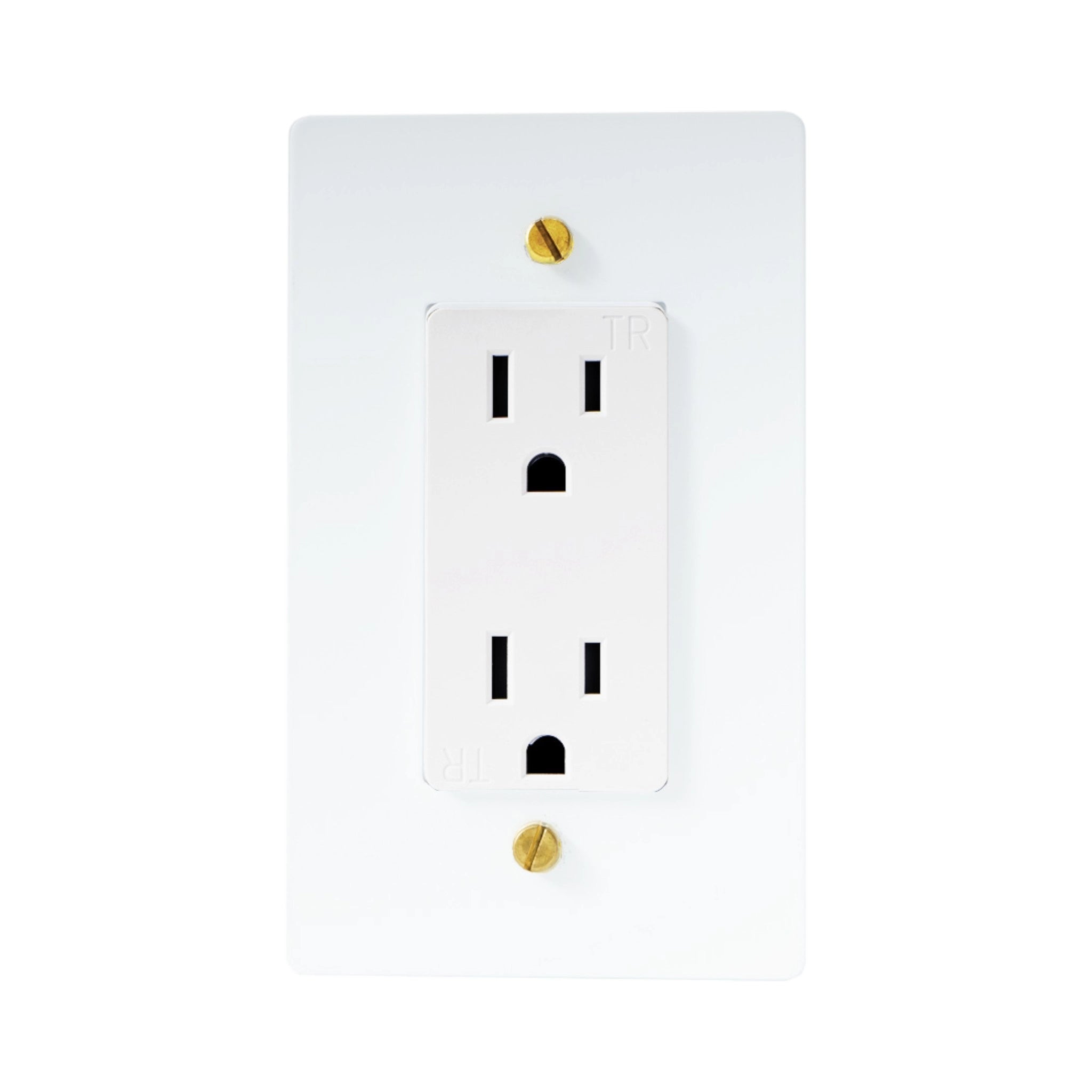 White electrical outlet with gold screws on a white background