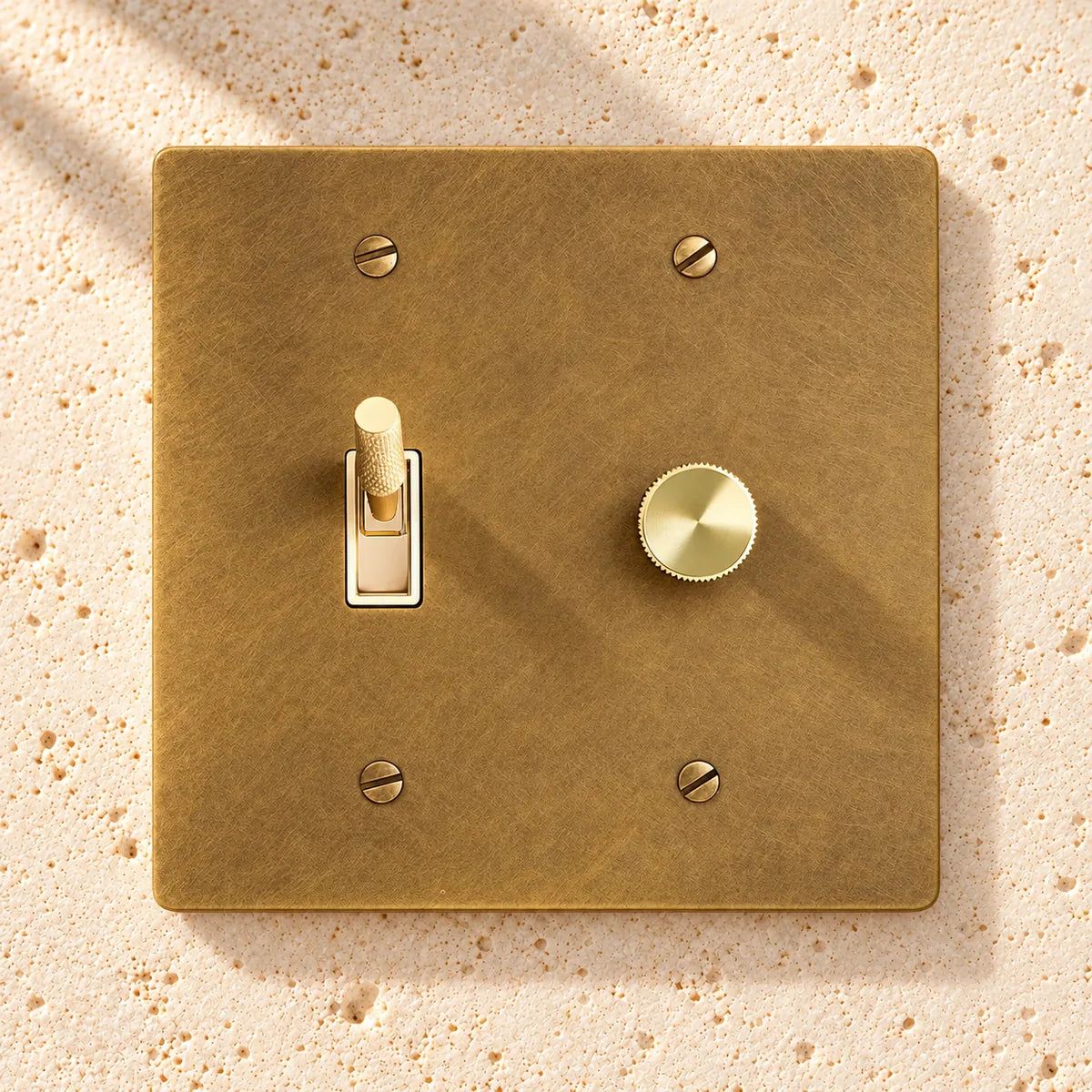 Antique brass switch plate with a toggle switch and rotary dimmer on a white background