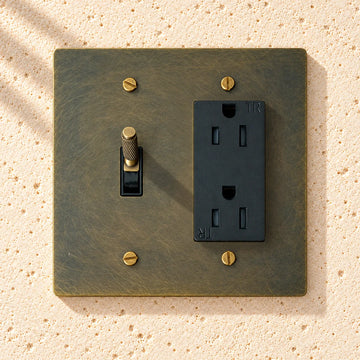 2-Gang Solid Brass Toggle Switch + Outlet Combo (Duplex/USB/GFCI) on sunlit pale limestone