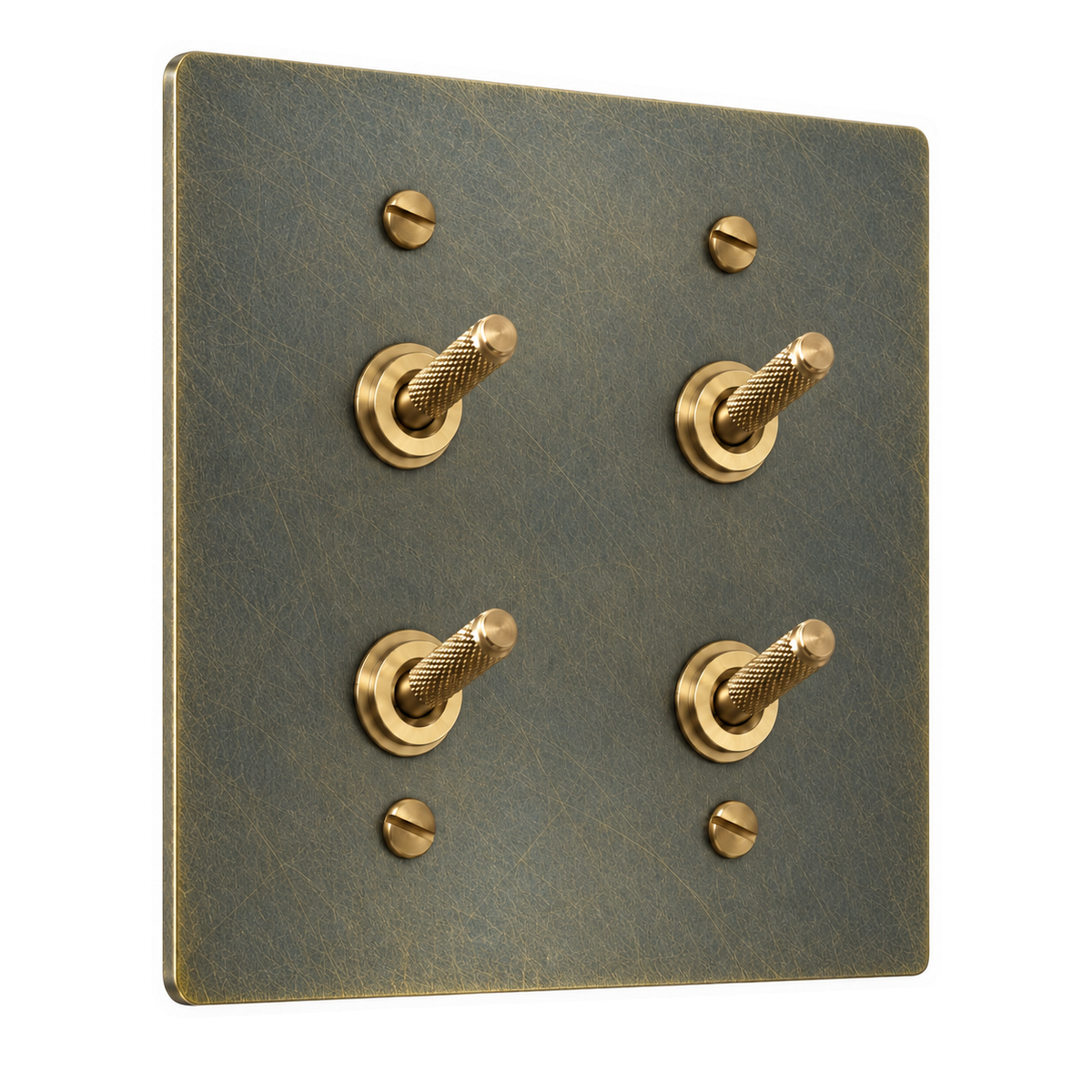 2-Gang Solid Brass Double Knurled Toggle Light Switches in Aged Bronze (Hand-Brushed); 4 toggles on a white background