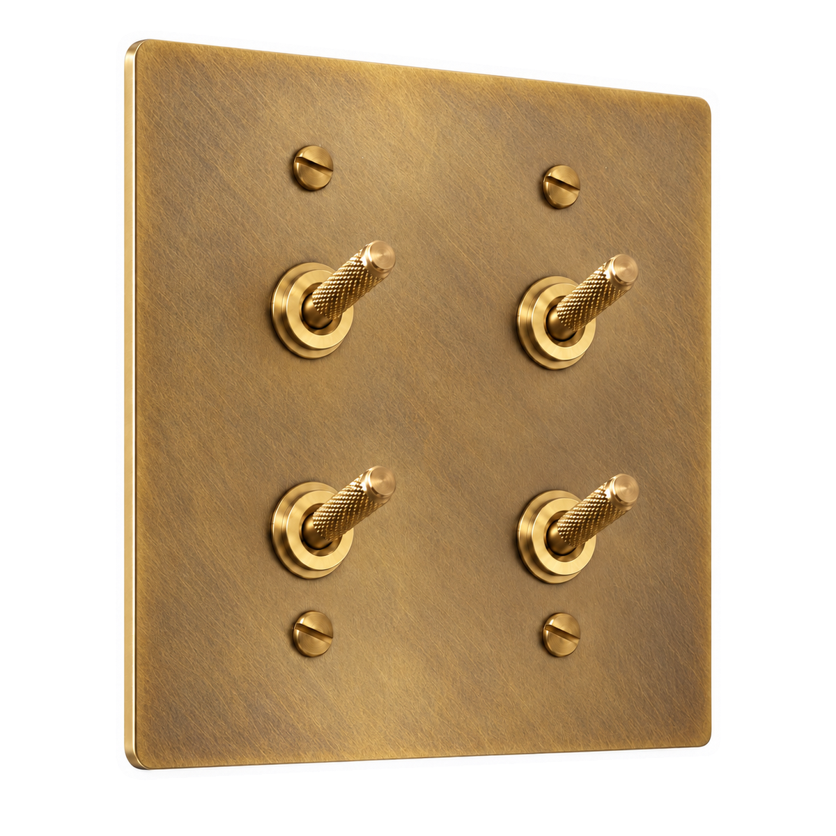 2-Gang Solid Brass Double Knurled Toggle Light Switches in Antique Brass (Hand-Brushed); 4 toggles on a white background
