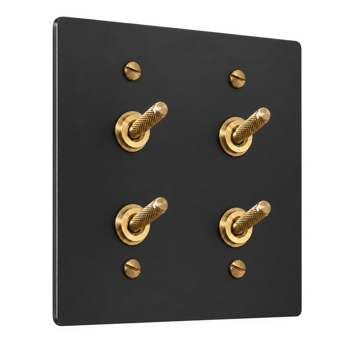 2-Gang Solid Brass Double Knurled Toggle Light Switches in Black with Brass Accents; 4 toggles on a white background
