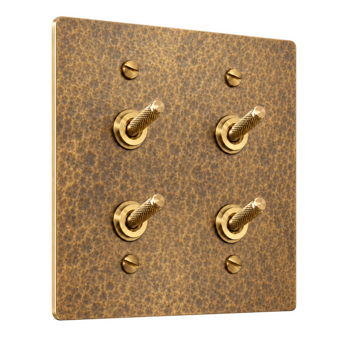 2-Gang Solid Brass Double Knurled Toggle Light Switches in Hammered Antique Brass; 4 toggles on a white background
