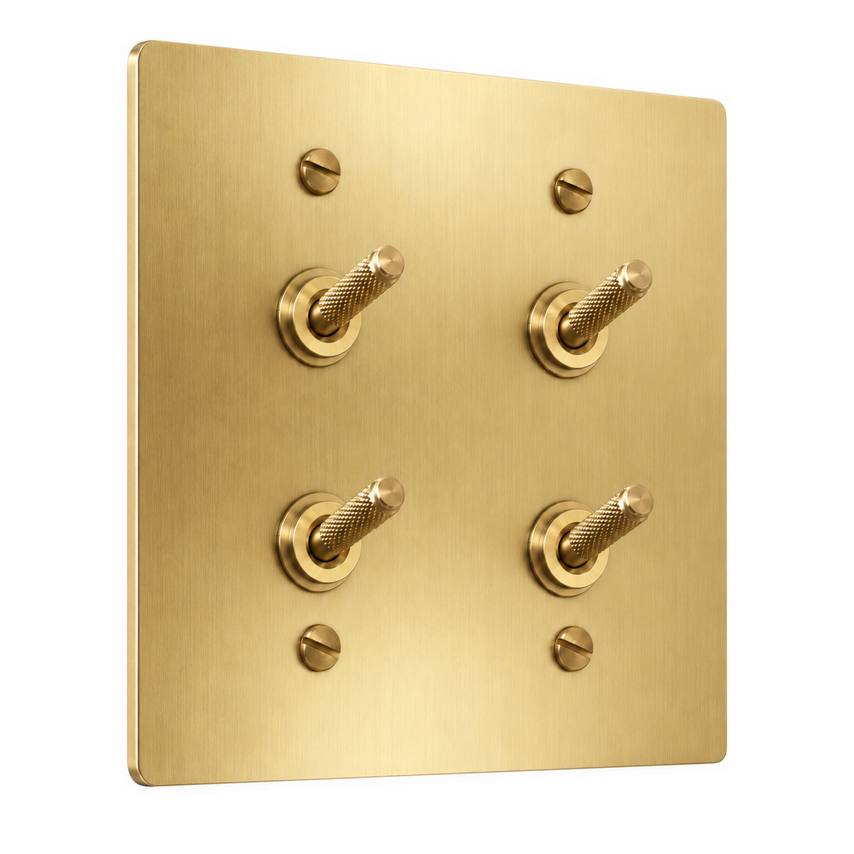 2-Gang Solid Brass Double Knurled Toggle Light Switches in Satin Brass; 4 toggles on a white background