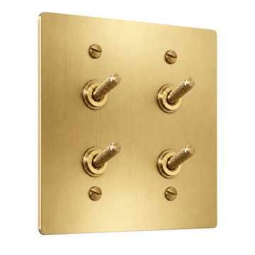 2-Gang Solid Brass Double Knurled Toggle Light Switches in Satin Brass; 4 toggles on a white background