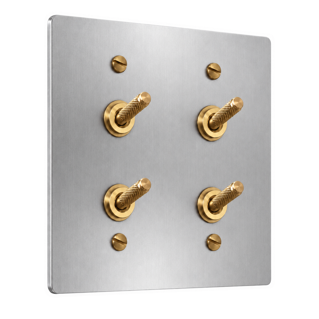 2-Gang Solid Brass Double Knurled Toggle Light Switches in Stainless Steel; 4 toggles on a white background