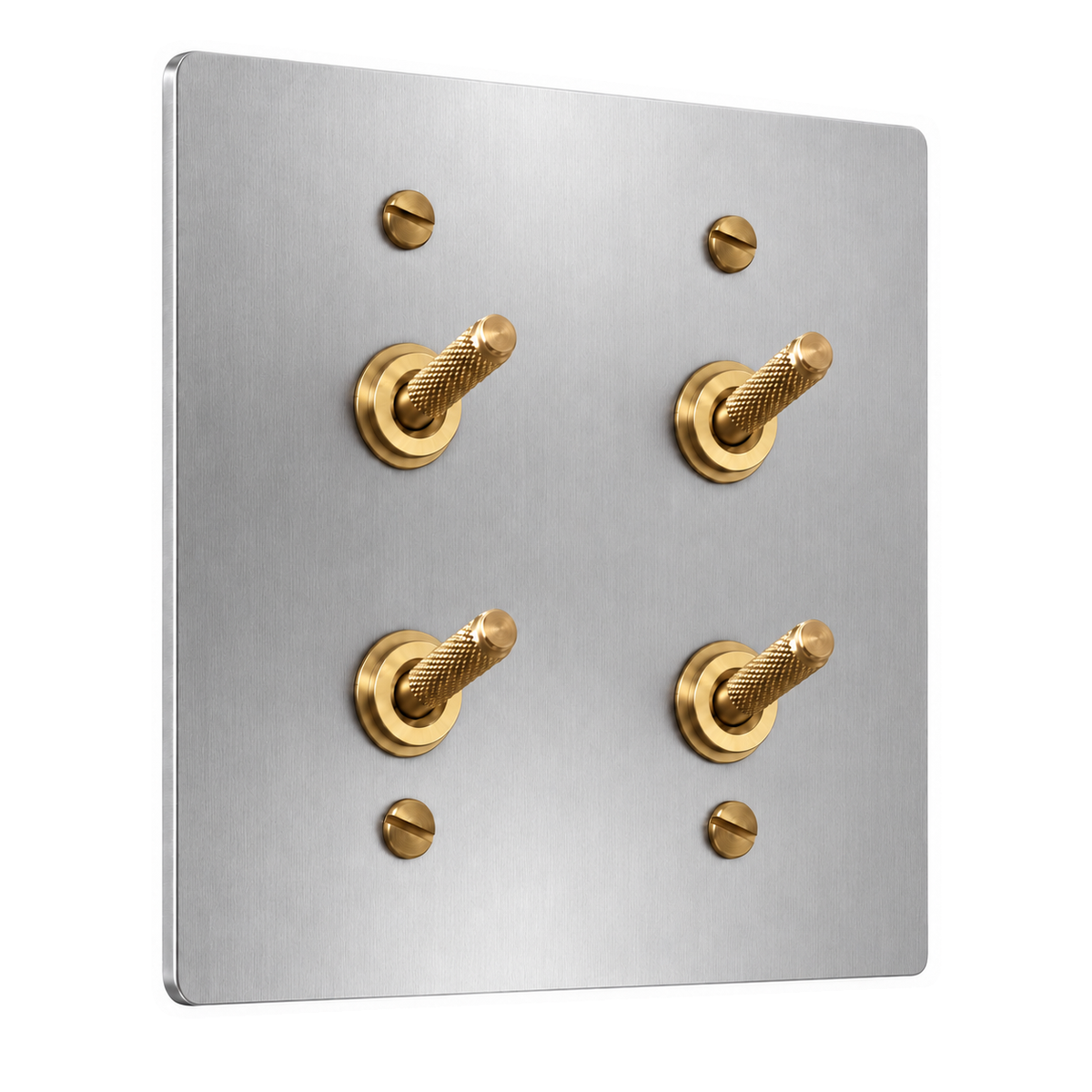 2-Gang Solid Brass Double Knurled Toggle Light Switches in Stainless Steel; 4 toggles on a white background