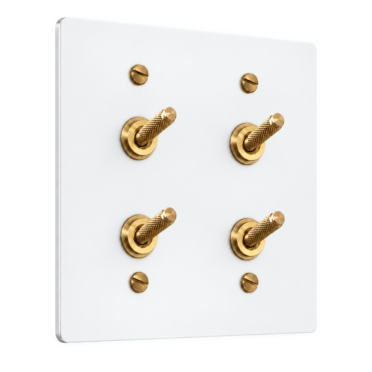 2-Gang Solid Brass Double Knurled Toggle Light Switches in White with Brass Accents; 4 toggles on a white background