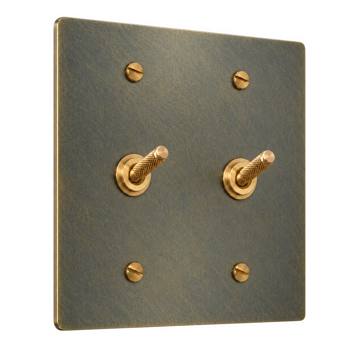 2-Gang Solid Brass Knurled Toggle Light Switches in Aged Bronze (Hand-Brushed); 2 toggles on a white background