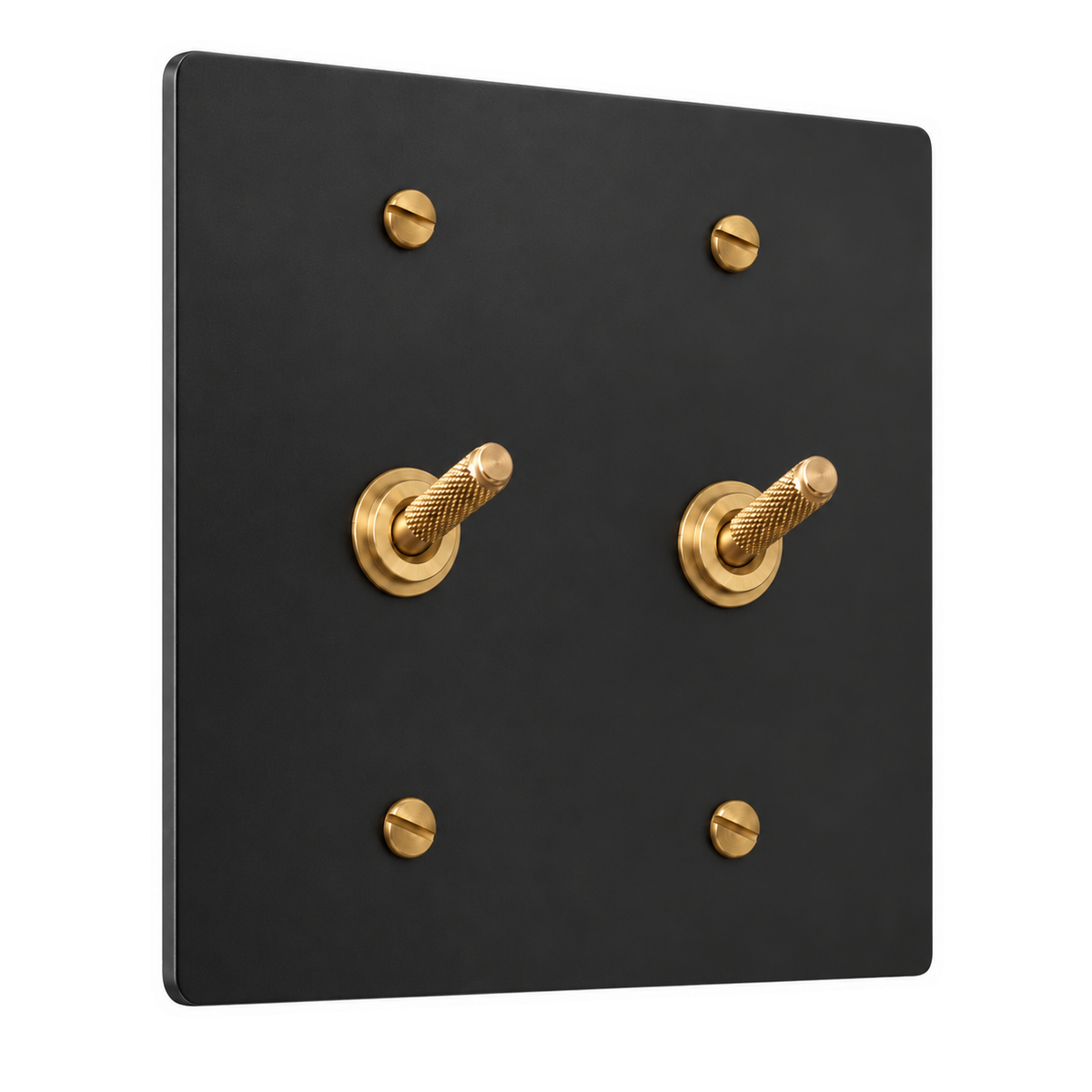 2-Gang Solid Brass Knurled Toggle Light Switches in Black with Brass Accents; 2 toggles on a white background