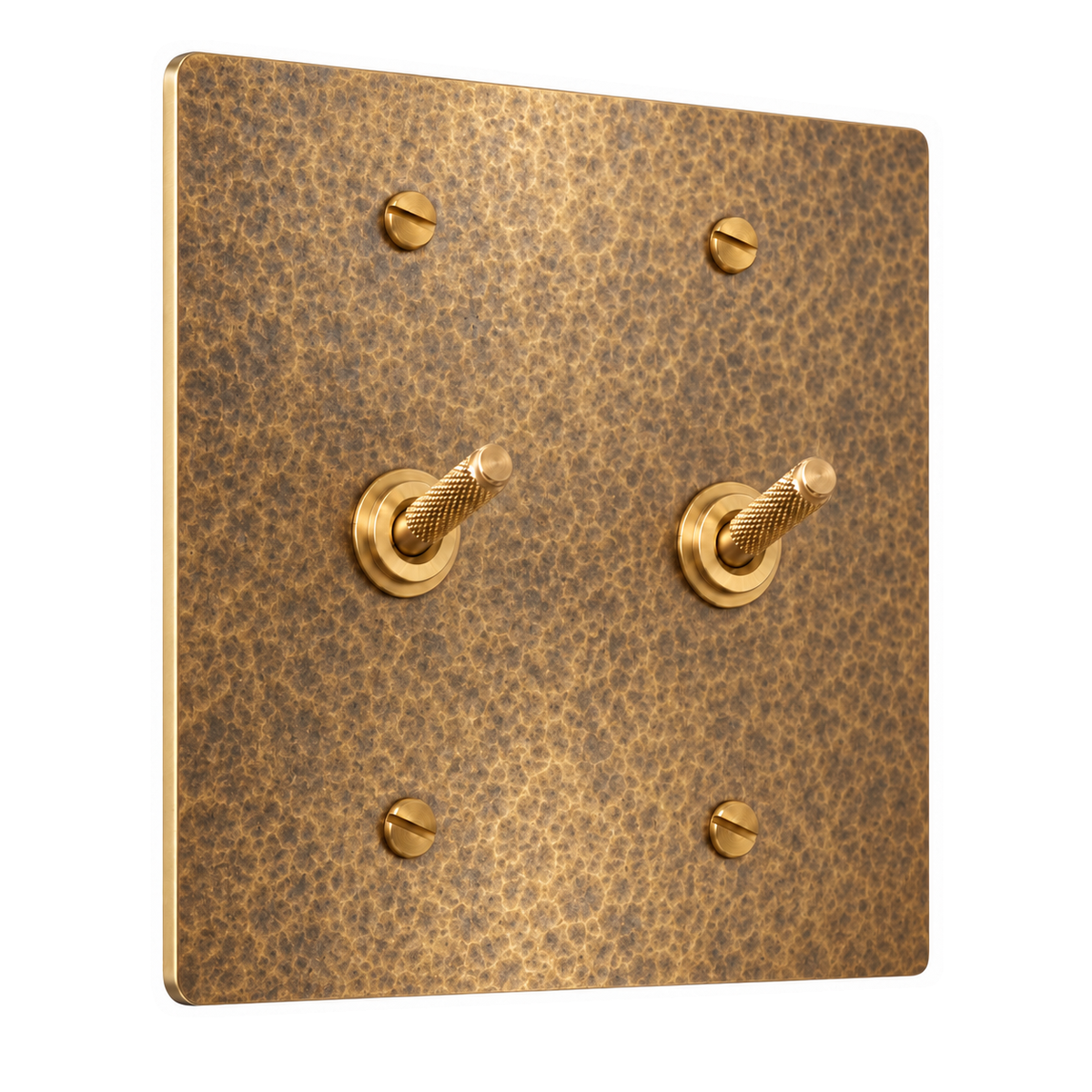 2-Gang Solid Brass Knurled Toggle Light Switches in Hammered Antique Brass; 2 toggles on a white background