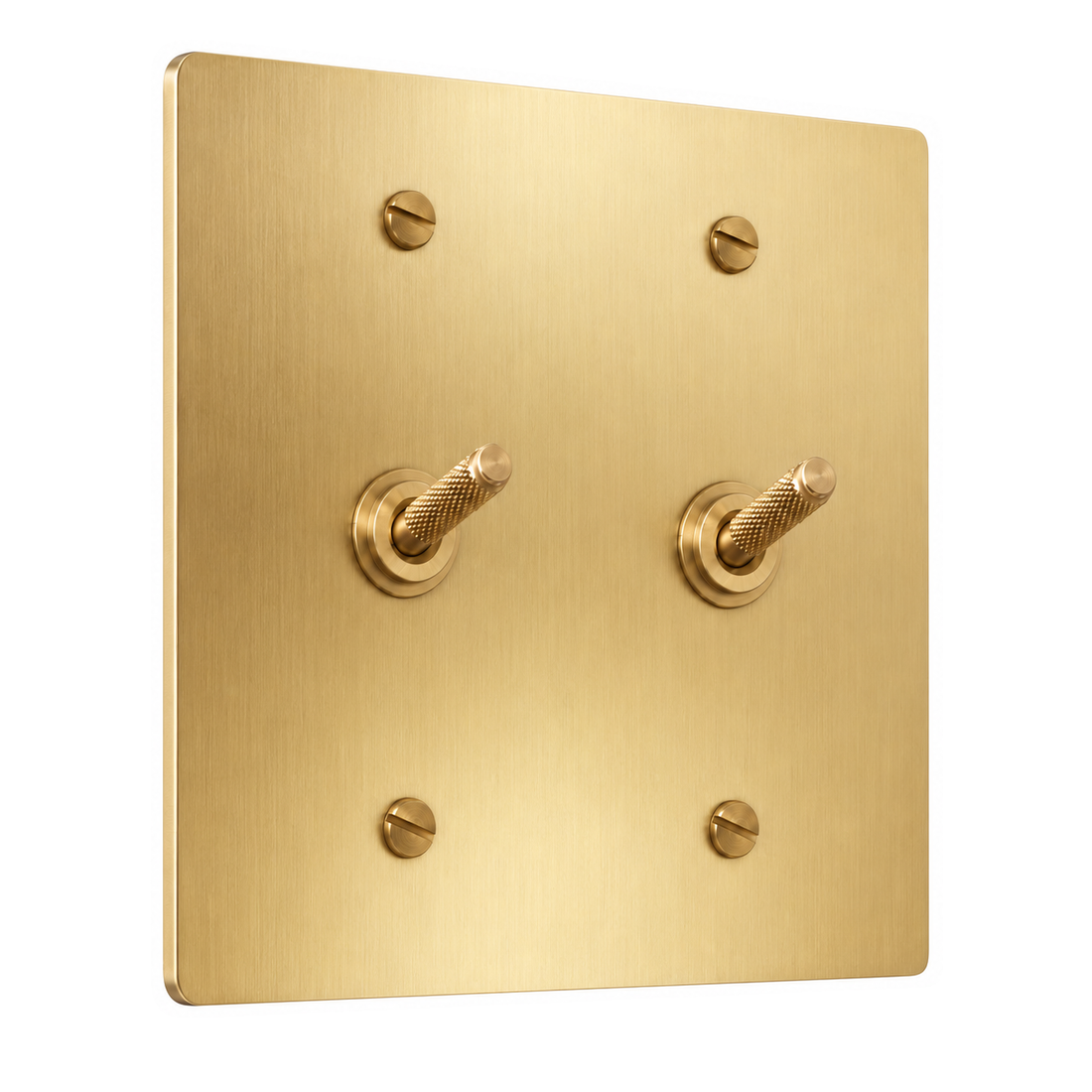 2-Gang Solid Brass Knurled Toggle Light Switches in Satin Brass; 2 toggles on a white background