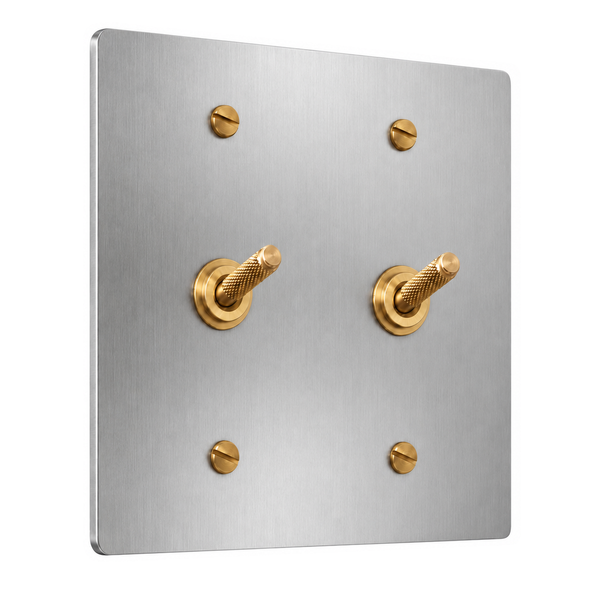 2-Gang Solid Brass Knurled Toggle Light Switches in Stainless Steel; 2 toggles on a white background