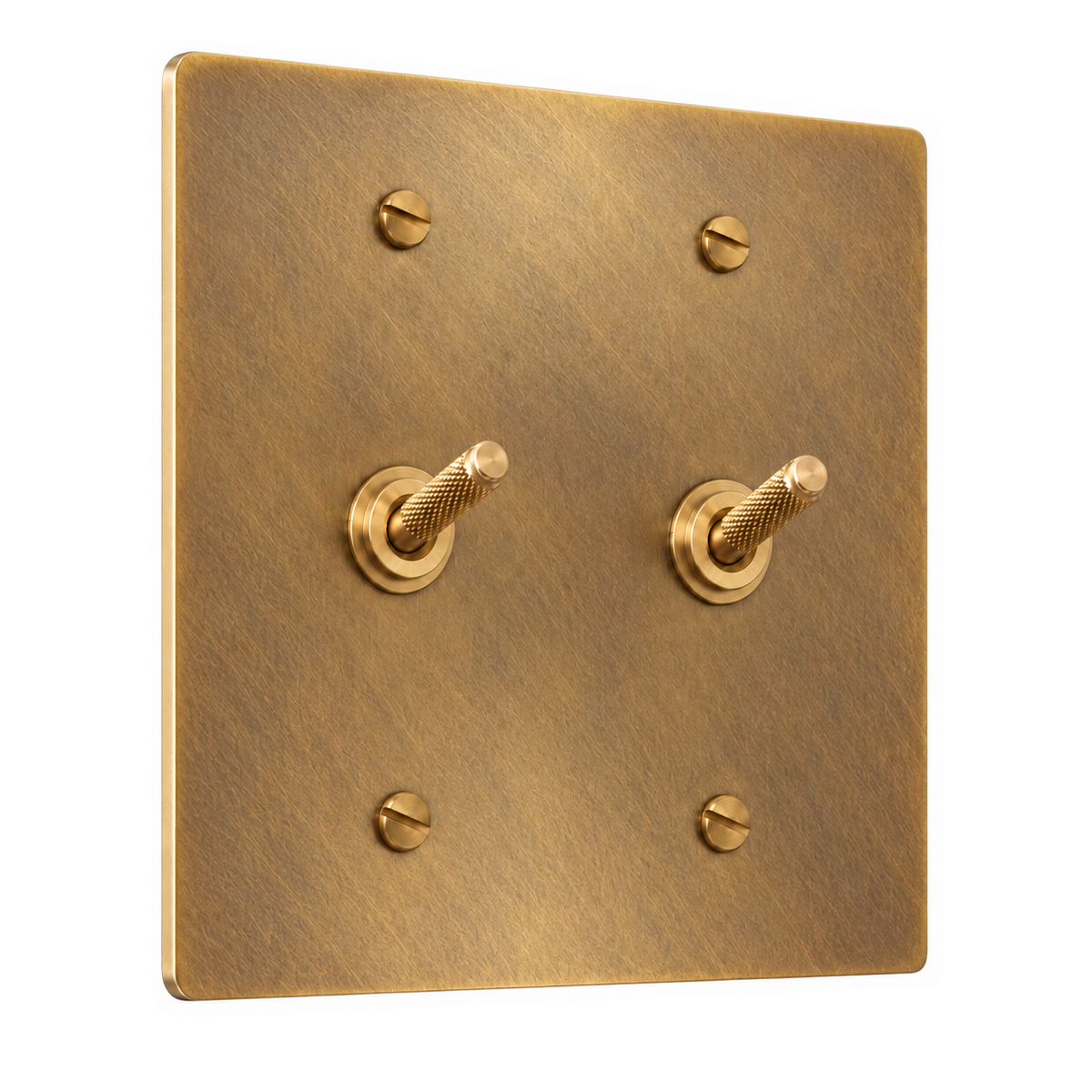 2-Gang Solid Brass Knurled Toggle Light Switches in Unlacquered Antique Brass (Hand-Brushed); 2 toggles on a white background